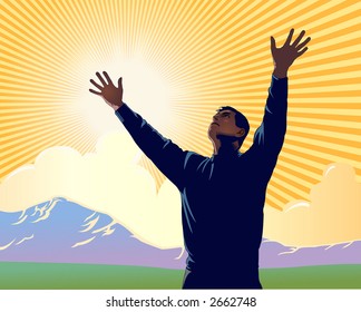 Man with arms extended toward heaven expressing joy, gratitude and worship - VECTOR