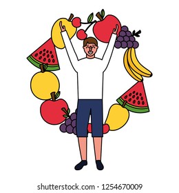 man with arms up and fruits healthy food