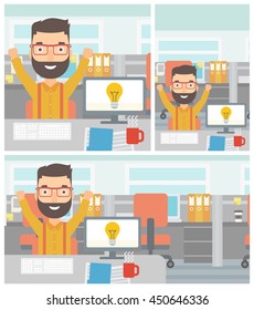 Man with arms up having a business idea. Man working on a computer with a business idea bulb on a screen. Business idea concept. Vector flat design illustration. Square, horizontal, vertical layouts.