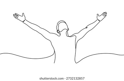 Hombre con los brazos extendidos mirando hacia arriba el arte de línea continua que dibuja la vista posterior que celebra la libertad esperanza éxito
