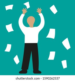 Man with arms raised and flying sheets of paper
