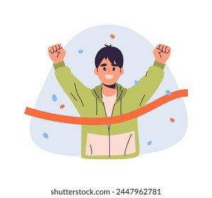 Man with arms raised in triumph as he crosses the finish line. Male athlete achieve success in sport. Person in sportswear running marathon. Goal and win concept. Flat cartoon vector illustration.