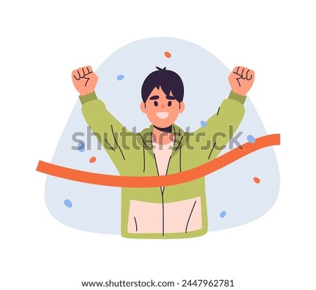 Man with arms raised in triumph as he crosses the finish line. Male athlete achieve success in sport. Person in sportswear running marathon. Goal and win concept. Flat cartoon vector illustration.