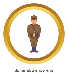 A man in army uniform vector icon in golden circle, cartoon style isolated on white background