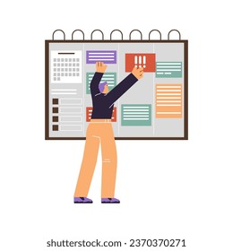 El hombre organiza las tareas en un enorme estilo plano de calendario, ilustración vectorial aislada en fondo blanco. Elemento de diseño decorativo, gestión del tiempo y productividad, trabajo