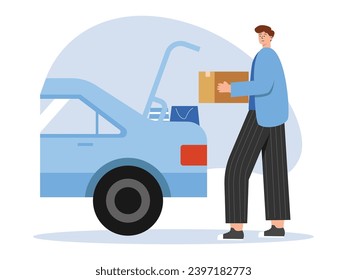 Man arranging shopping bags and box in car trunk, doing monthly grocery purchase at home. Character design. Vector flat illustration