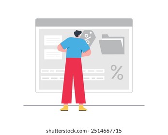 Man arranging website homepage selling, early opening discount. Character design. Vector flat illustration