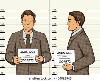 Man arrested photo in police pop art style vector illustration. Human illustration. Comic book style imitation. Vintage retro style. Conceptual illustration