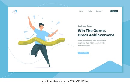 A man arrive at finish line illustration on landing page, Business goals get success