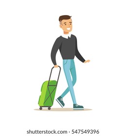 Man Arriving With Green Suitcase, Part Of Airport And Air Travel Related Scenes Series Of Vector Illustrations