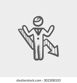 Man with arrow down sketch icon for web and mobile. Hand drawn vector dark grey icon on light grey background.