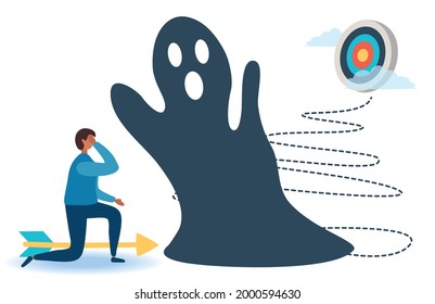 A man with an arrow goes to the goal, fear prevents him from moving. Fears and limitations in the head, in thoughts, in the brain. The concept of psychology and complexes. Flat