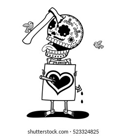 A man with an arrow in the heart and with an ax. Calaveras. Vector flat and linear Illustration of skeleton. Web banners, advertisements, brochures, business templates. Isolated on a white background.