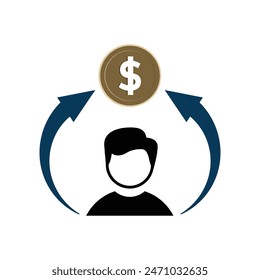 man with an arrow next to him pointing to money. mind to money. flat design style. Suitable for workers, presentations, economy, etc. Template design vector