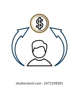 man with an arrow next to him pointing to money. mind to money. Outline design style. Suitable for workers, presentations, economy, etc. Template design vector