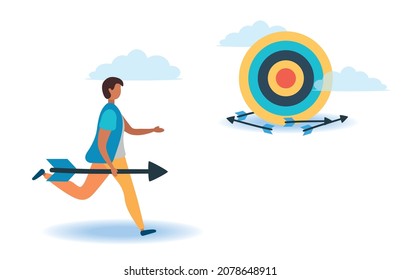 A man with an arrow is running towards his goal along a winding road, motivation is advancing, the path to achieving the goal is high, through clouds or stairs, steps of achievement, steps