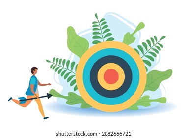 A man with an arrow is running towards his goal along a winding road, motivation is advancing, the path to achieving the goal is high, through clouds or stairs, steps of achievement, steps