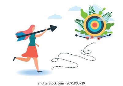 A man with an arrow is running towards his goal along a winding road, motivation is advancing, the path to achieving the goal is high, through clouds or stairs, steps of achievement, steps