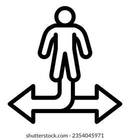 Hombre y flecha en dos direcciones icono de línea, concepto de estrategia de negocio, signo de toma de decisiones sobre fondo blanco, hombre de negocios eligiendo forma de contorno estilo móvil, web. Gráficos vectoriales.