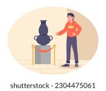 Man in art gallery. Young guy stands near pedestal with black ceramic vase. Character in museum at exhibition looking at fossils and relics, ancient pottery. Cartoon flat vector illustration