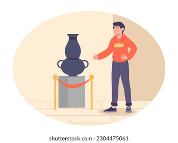 Hombre en la galería de arte. Joven parado cerca de un pedestal con jarrón de cerámica negra. Personaje en museo en exposición mirando fósiles y reliquias, alfarería antigua. Dibujo vectorial plano de dibujos animados