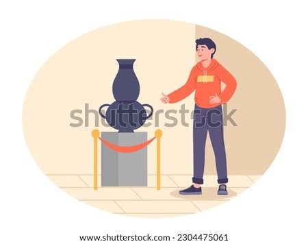 Man in art gallery. Young guy stands near pedestal with black ceramic vase. Character in museum at exhibition looking at fossils and relics, ancient pottery. Cartoon flat vector illustration Zdjęcia stock © 