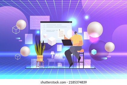 man article editor in virtual reality glasses writing publicity post copywriting selection verification vr vision headset innovation