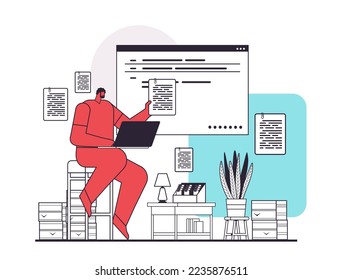 man article editor writing publicity post male journalist using laptop copywriting selection and verification content