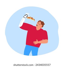 man with artificial bionic arm prosthesis eats delicious pepperoni pizza slice vector illustration