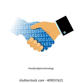 Man and Artificial Intelligence. Cyber communication design concept. Handshake Symbol of connection between people and AI technology.  VECTOR