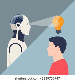 Man and artificial intelligence. The robot scans and copies the human idea.