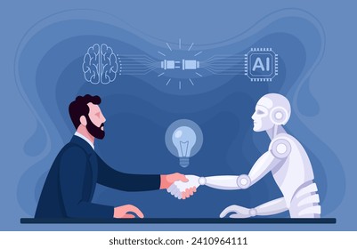 Un hombre y un robot de inteligencia artificial se sientan a la mesa y dan la mano. El concepto de cooperación, búsqueda de ideas, conexión de inteligencia artificial con el cerebro humano. Vector de color azul.