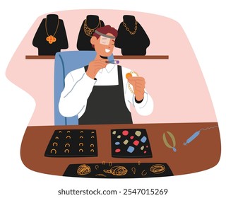 Hombre artesano haciendo artesanía artesanal precisión poniendo piedras preciosas en colgante de oro en la cadena mientras trabaja en la Ilustración vectorial de estudio de artesanía. Diseñador de joyería satisfecho creando accesorios caros