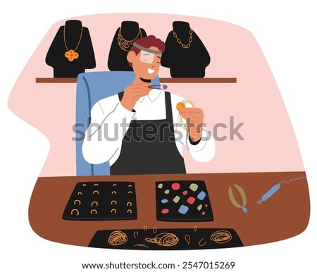 Man artisan making handmade artisan accuracy putting gemstone into golden pendant on chain while working at craft studio vector illustration. Satisfied jeweler designer creating expensive accessories