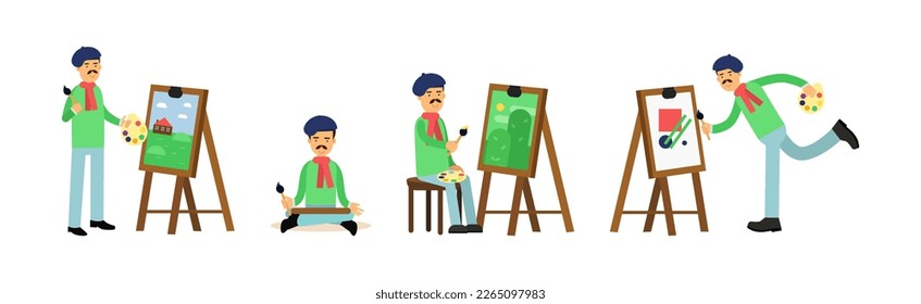 Man Artist in Beret with Mustache Drawing Paintings on Canvas with Easel Vector Set