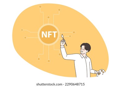 Man artist with brush pain NFT symbol selling cryptocurrency on stock exchange. Male investor trade crypto on internet involved in non-fungible token bidding. Flat vector illustration.