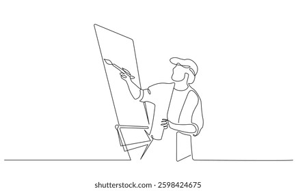 Man Artist Continuous One Line Art Drawing. Man with Easel Art Concept Linear Vector Illustration. Man Painter Black One Line Sketch Isolated on White Background. Not AI