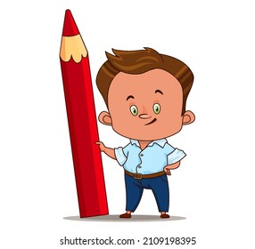 Man, artist, designer with a big red pencil in his hands. character, profession. Vector illustration in cartoon style isolated on white background