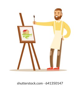 Man artist holding palette and brush standing near easel. Craft hobby and profession colorful character vector Illustration