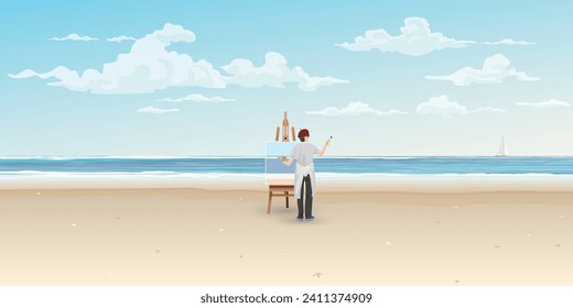 Man artist painting at the beach. people enjoying art hobby or job at seaside flat design vector illustration.