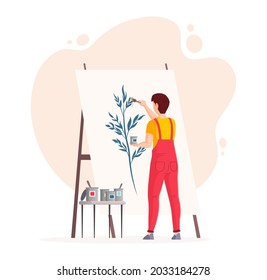 Man artist painting in front of easel. Male painter creating artwork picture with multicolored paints palette. Professional skilled craftsman enjoying art hobby or job at workshop cartoon vector