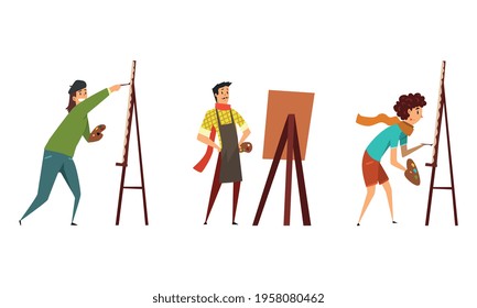 Man Artist Painting on Canvas or Paper with Drawing Easel Using Brush Vector Set. Male Creating Visual Art Applying Paints on the Surface Concept