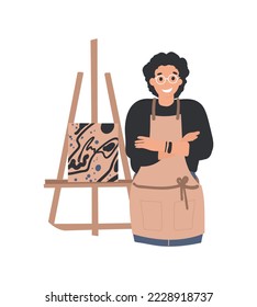 Man Artist stands near the easel, cartoon flat vector illustration. Hobby, art studio concept. Young man painter.