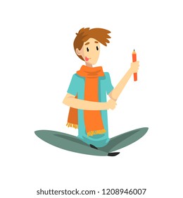 Man with artistic profession, painter or sculptor character sitting on the floor wih pencil vector Illustration on a white background