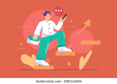 Man ascending steps to successful career vector illustration. Strategy to reach business goal or career path achievement flat style. Success, aim, progress, growth concept. Isolated on red background