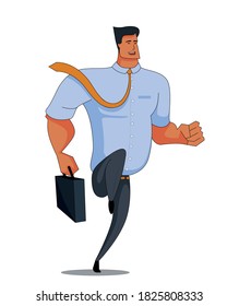 A man with an Asian appearance in a shirt and trousers runs joyful to work, holding a briefcase with documents. Businessman hurrying to work starting a new work day. Vector flat design illustration.