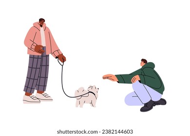 Man ask to pet cute spitz on street. Puppy owner communicate with dog lover outdoor. People walk fluffy pup, stroll little furry doggy on leash. Flat isolated vector illustration on white background