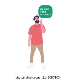 Man ask review rating and feedback. Holding in hand up. Customer opinion. Hand drawn colored vector flat illustration