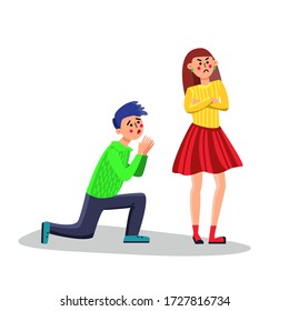 Man Asking For Apology To Girl Vector. Candid Boy Standing On Knee Ask For Apology To Offended Young Woman. Boyfriend And Girlfriend Relationship. Flat Cartoon Illustration