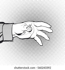 Man asking. Man calling for something. Man inquire for something. Man's hand. Reaching out something. Requiring something. Concept idea of advertisement. Pop art illustration. Halftone background. 
